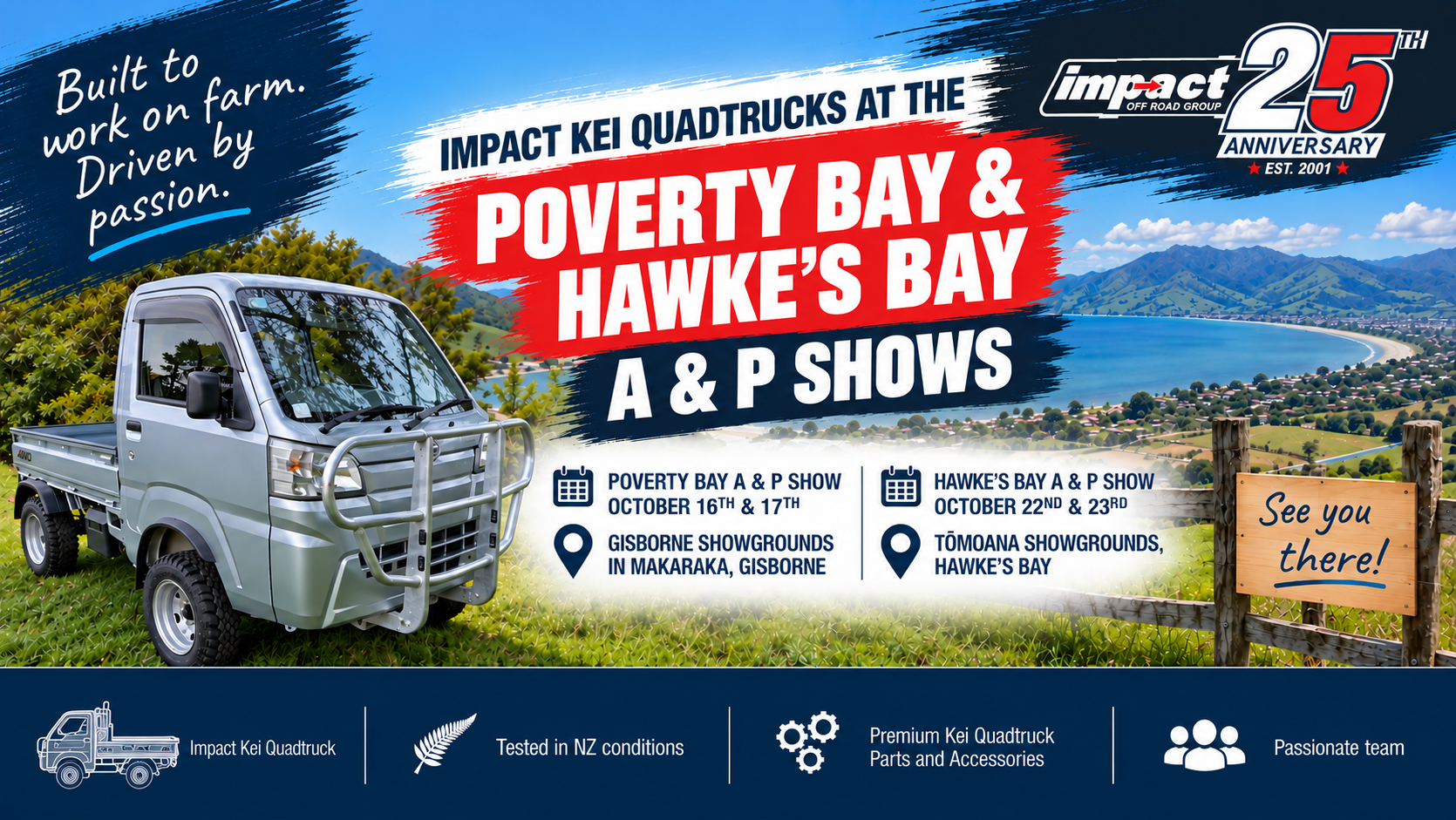 Impact Kei Quadtruck at the Poverty Bay and Hawke’s Bay A&P Shows 2026, celebrating 25 years of Impact Off Road in New Zealand.