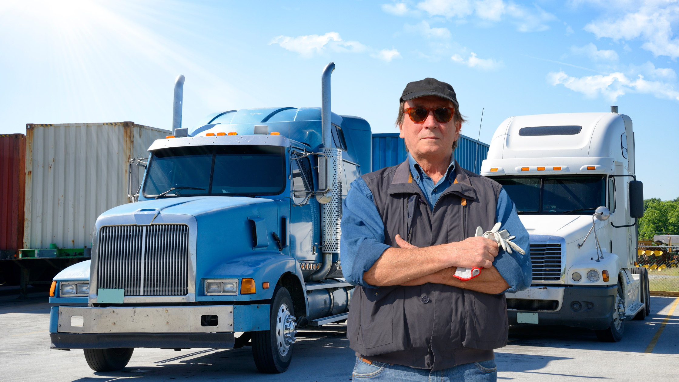 guy standing in back are two commercial trucks