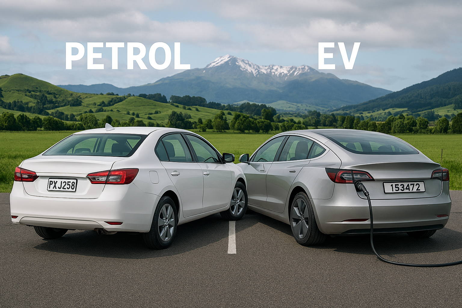 Petrol vs EV comparison image showing a petrol car and an electric vehicle in a New Zealand countryside setting.