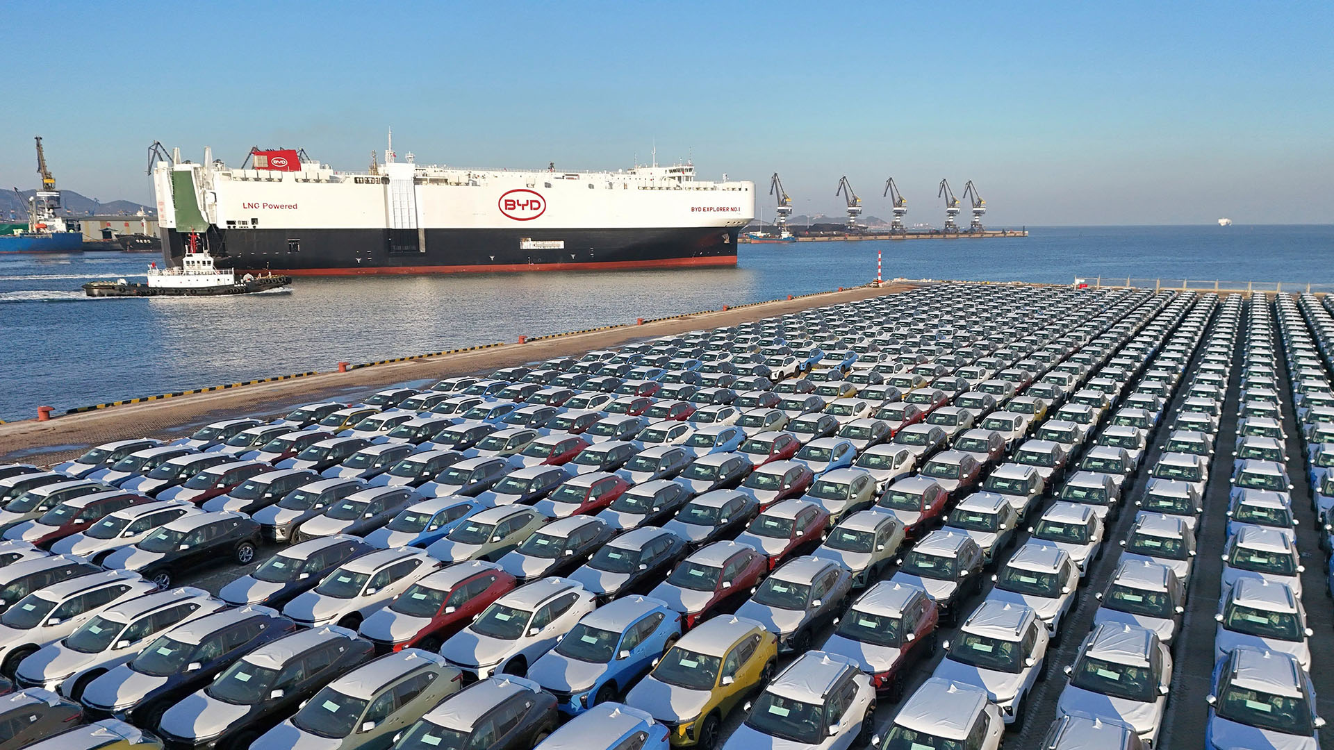 BYD Car Carrier at Port with BYD cars waiting to be shipped