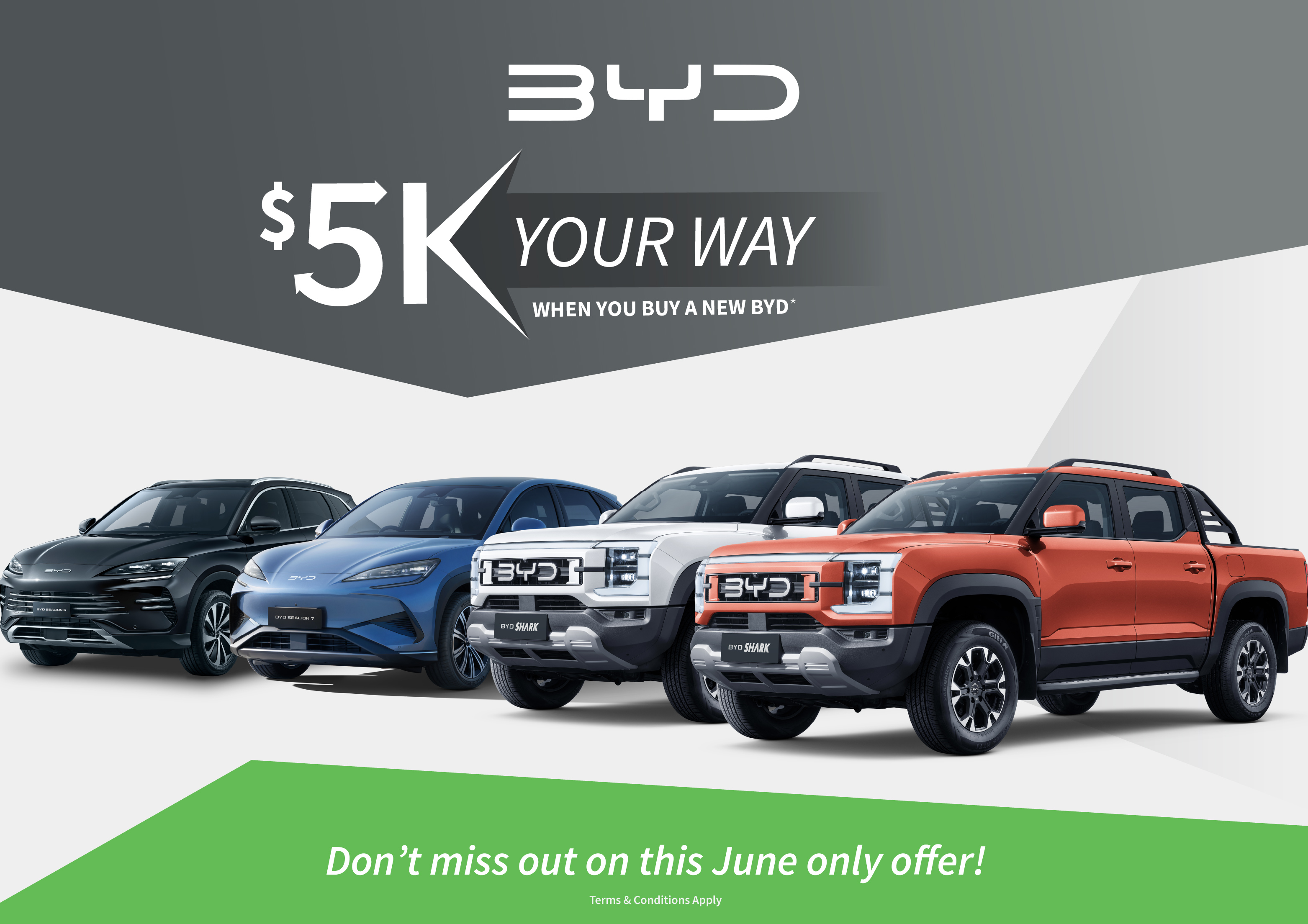 BYD $5K Your Way Promo Banner with BYD cars